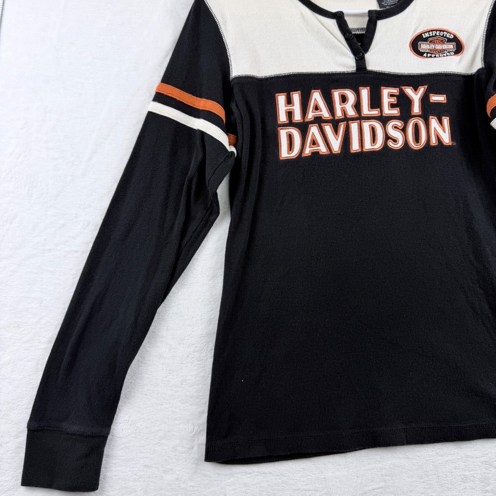 Harley-Davidson Colorblock Henley Long Sleeve Biker Graphic Shirt Black Orange M - Picture 2 of 11